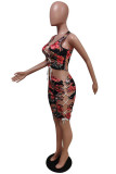 Red Fashion Sexy Print Hollowed Out Strap Design U Neck Sleeveless Two Pieces