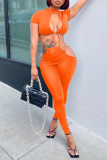 Oranje Mode Sexy Effen Uitgehold Bandontwerp Half Coltrui Korte Mouw Twee Stukken