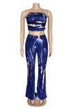 Peacock Blue Sexy Casual Print Backless Strapless Sleeveless Two Pieces