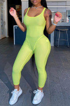 Fluoreszierendes Grün Lässige Sportbekleidung Solide Basic Skinny Jumpsuits mit U-Ausschnitt