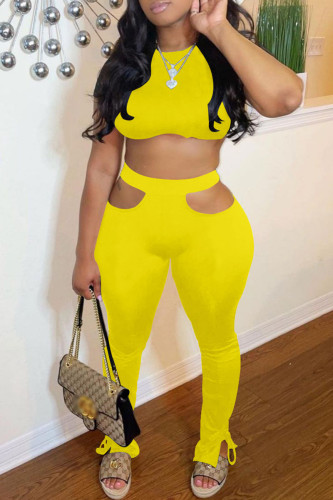Yellow Sexy Casual Solid Hollowed Out O Neck Short Sleeve Two Pieces