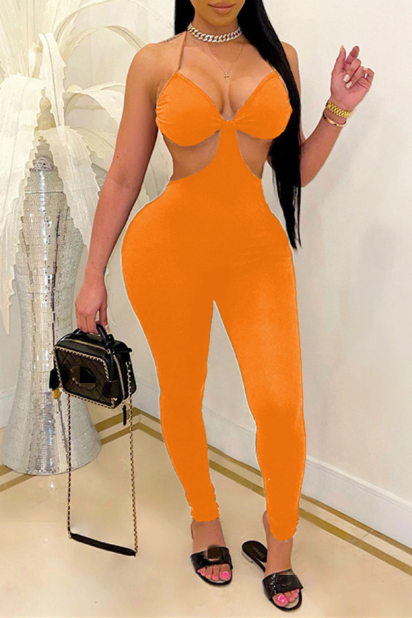 オレンジ色のファッションセクシーなソリッドバックレスストラップデザインホルタースキニージャンプスーツ