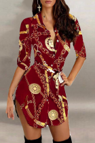 ブルゴーニュのセクシーなプリント包帯ターンダウンカラーシャツドレスドレス