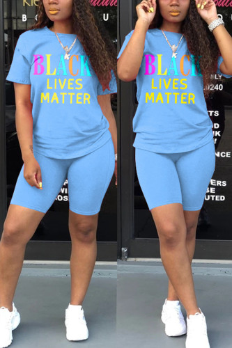 Blue Fashion Casual Letter Print Basic O Neck Short Sleeve Two Pieces