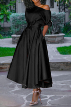 ブラック カジュアル ソリッド パッチワーク ワンショルダー ケーキ スカート ドレス