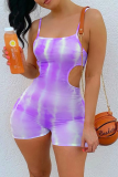 Purple Sexy Patchwork Hollowed Out Tie-dye Spaghetti Strap Skinny Rompers