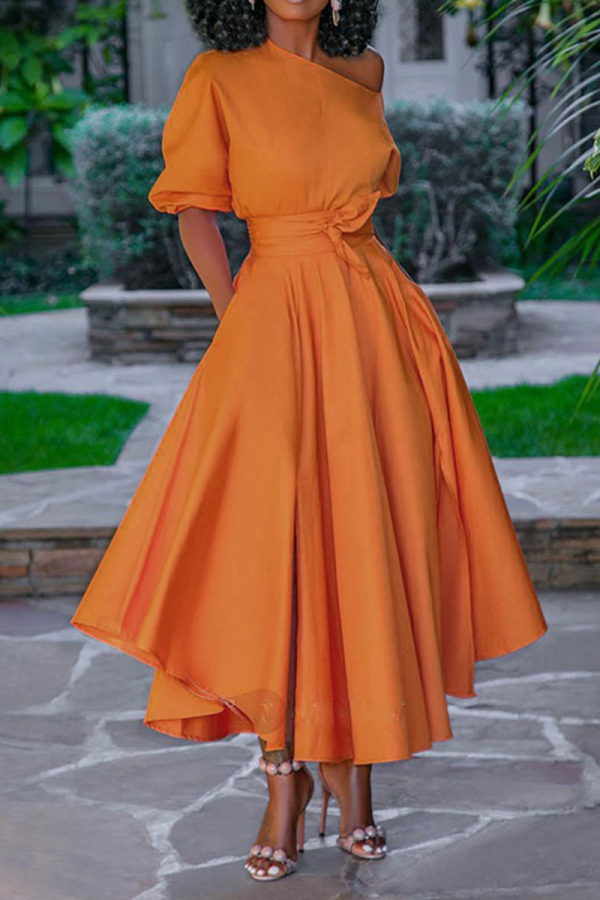 Vestidos de falda de pastel de un hombro de patchwork sólido casual rojo mandarina