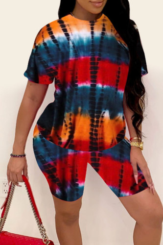 Orange Casual Print Patchwork O Neck Short Sleeve Two Pieces