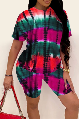 Red Casual Print Patchwork O Neck Short Sleeve Two Pieces