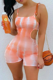 Pink Sexy Patchwork Hollowed Out Tie-dye Spaghetti Strap Skinny Rompers