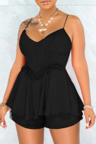 Black Sexy Solid Flounce Spaghetti Strap Straight Rompers