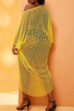 Gele sexy effen uitgeholde one-shoulder onregelmatige cover-up plus size jurk