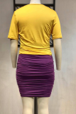 Фиолетовая повседневная однотонная лоскутная юбка-карандаш с круглым вырезом больших размеров из двух частей