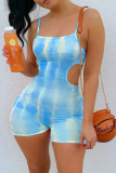 Orange Sexy Patchwork Hollowed Out Tie-dye Spaghetti Strap Skinny Rompers