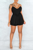 Black Sexy Solid Flounce Spaghetti Strap Straight Rompers