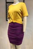 Фиолетовая повседневная однотонная лоскутная юбка-карандаш с круглым вырезом больших размеров из двух частей