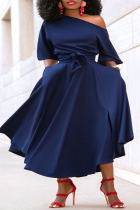 Темно-синие повседневные однотонные лоскутные платья с юбкой-торт на одно плечо