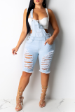 Blå Casual Solid Ripped Square Krage Skinny Rompers
