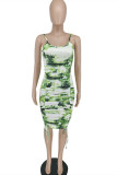 ライトグリーンファッションセクシープリントフォールドUネックスリングドレス
