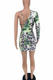 White Green Fashion Sexy Print Hollowed Out V Neck Long Sleeve Dresses