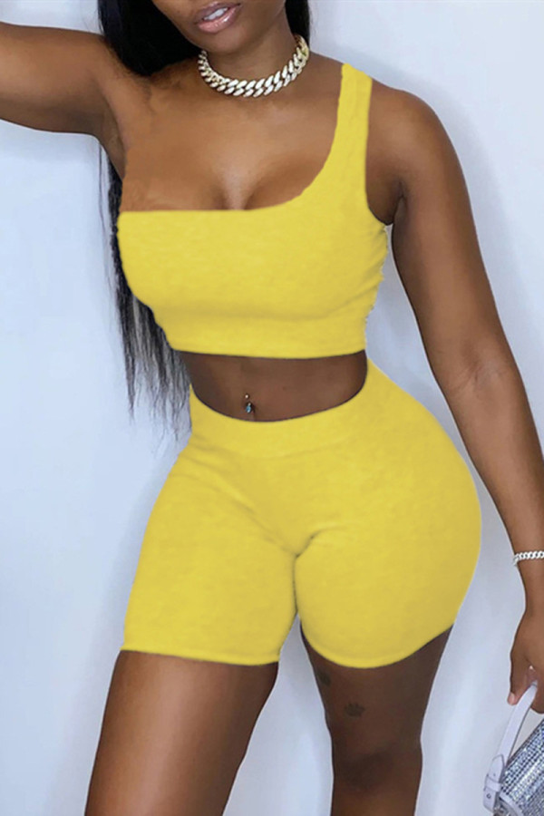 Yellow Sexy Casual Solid Backless One Shoulder Sleeveless Two Pieces