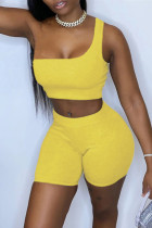 Yellow Sexy Casual Solid Backless One Shoulder Sleeveless Two Pieces