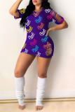 Purple Fashion Casual Letter Print Ripped O Neck Short Sleeve Dress