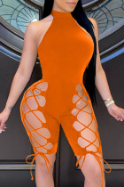 オレンジファッションセクシーなソリッド中空ストラップデザインタートルネックスキニーロンパース