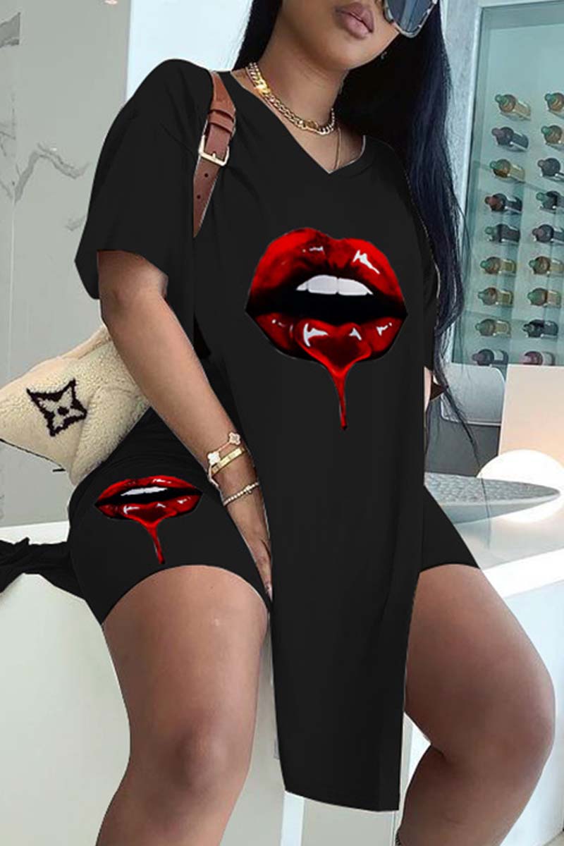 

Black Fashion Casual Lips Printed Slit V Neck Short Sleeve Two Pieces