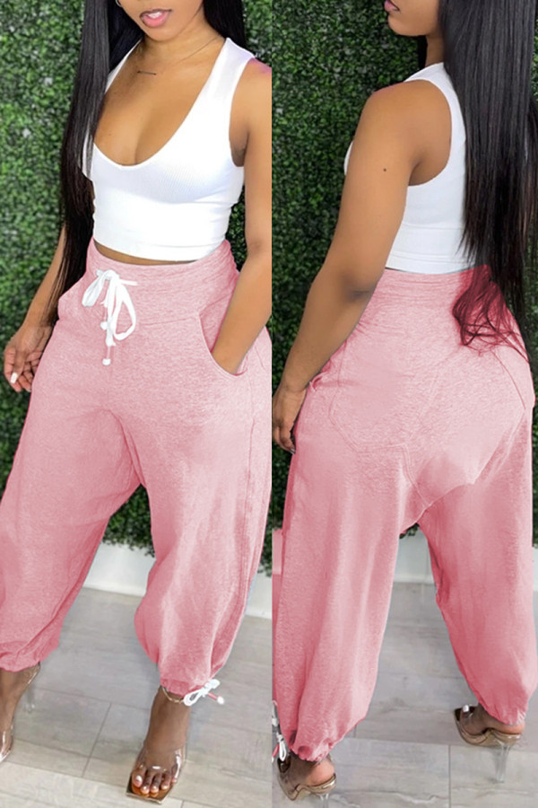 Calças Harlan rosa moda casual básica sólida cintura média