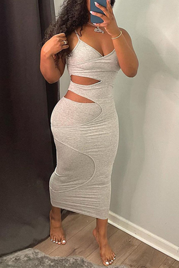 Grey Fashion Sexy Solid Hollowed Out Backless V Neck Sling Dress
