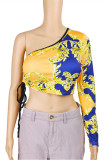 Yellow Sexy Casual Print Backless Oblique Collar Tops