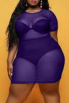 Фиолетовое сексуальное прозрачное платье больших размеров с круглым вырезом и коротким рукавом