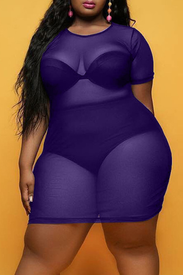 Фиолетовое сексуальное прозрачное платье больших размеров с круглым вырезом и коротким рукавом
