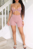 Roze Mode Sexy Solide Uitgeholde Backless Spaghetti Band Skinny Romper