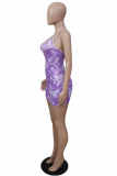 Purple Fashion Sexy Print Backless Spaghetti Strap Sleeveless Dress Dresses