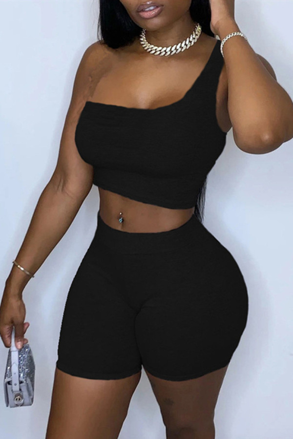 Black Sexy Casual Solid Backless One Shoulder Sleeveless Two Pieces