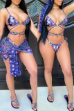 Conjunto de tres piezas de trajes de baño con diseño de correa sin espalda con estampado sexy de moda púrpura