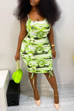 Light Green Fashion Sexy Print Fold U Neck Sling Dress