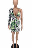 White Green Fashion Sexy Print Hollowed Out V Neck Long Sleeve Dresses
