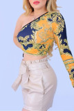 Gele sexy casual print backless schuine kraag tops
