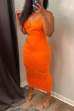 Vestito sexy dall'imbracatura con scollo a V senza schienale scavato solido arancione di modo