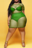 Флуоресцентное зеленое сексуальное прозрачное платье больших размеров с круглым вырезом и коротким рукавом