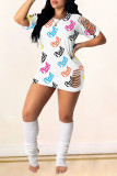 White Fashion Casual Letter Print Ripped O Neck Short Sleeve Dress