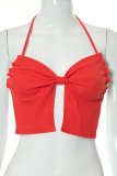 Red Sexy Solid Patchwork Halter Tops