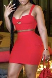 Red Fashion Sexy Solid Hollowed Out Backless Spaghetti Strap Sleeveless Two Pieces