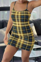 Khaki Fashion Sexy Plaid Print Backless Spaghetti Strap Sleeveless Dress