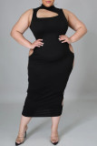 Zwarte mode sexy plus size effen uitgeholde halve coltrui mouwloze jurk
