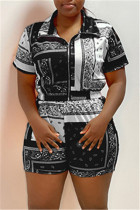 Black Fashion Casual Print Basic Turndown Collar Short Sleeve Two Pieces