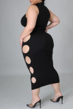 Svart Mode Sexig Plus Size Solid urholkad Halv Turtleneck ärmlös klänning